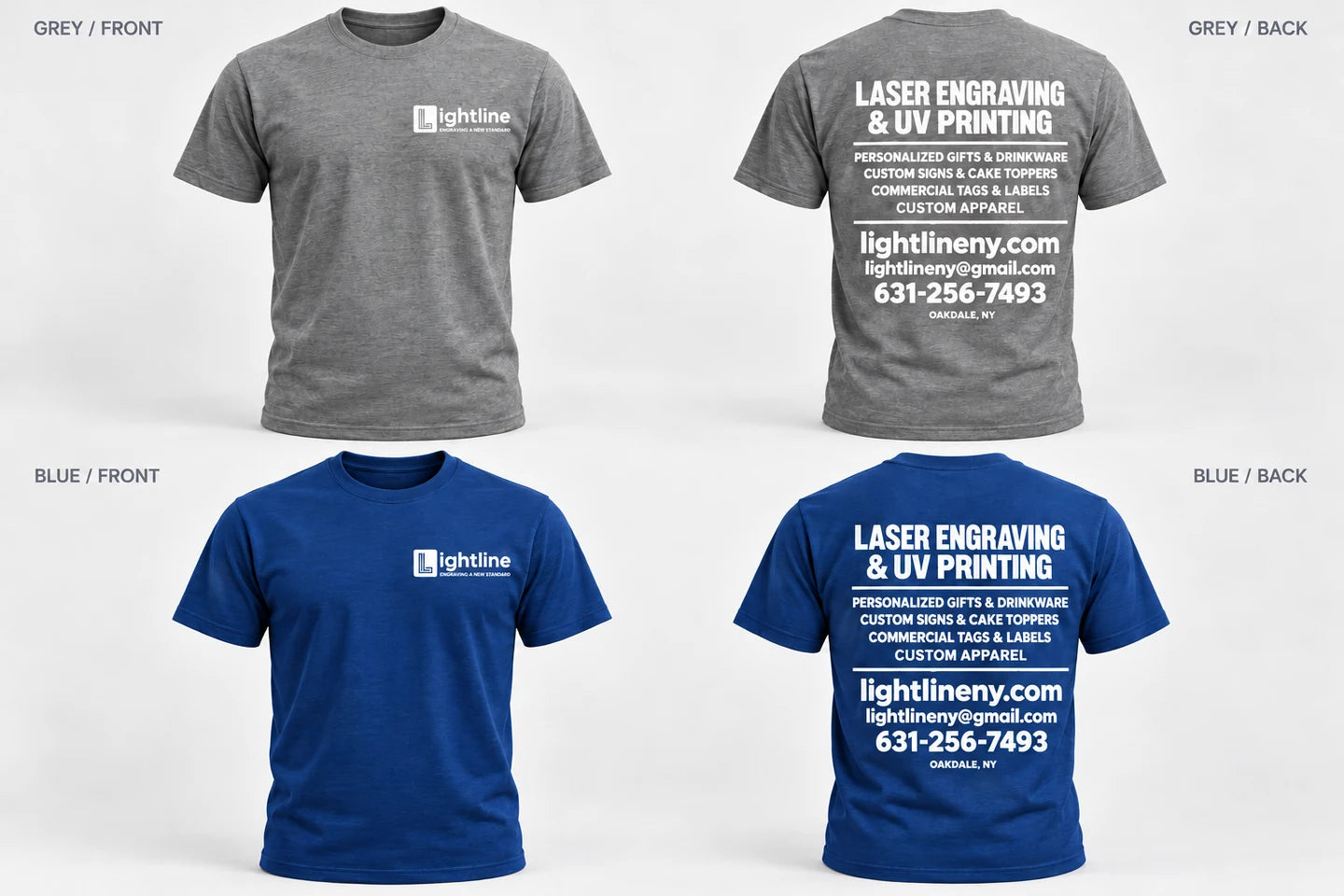 Grey and blue Lightline shirt mockups showing front chest logos and full back printing.