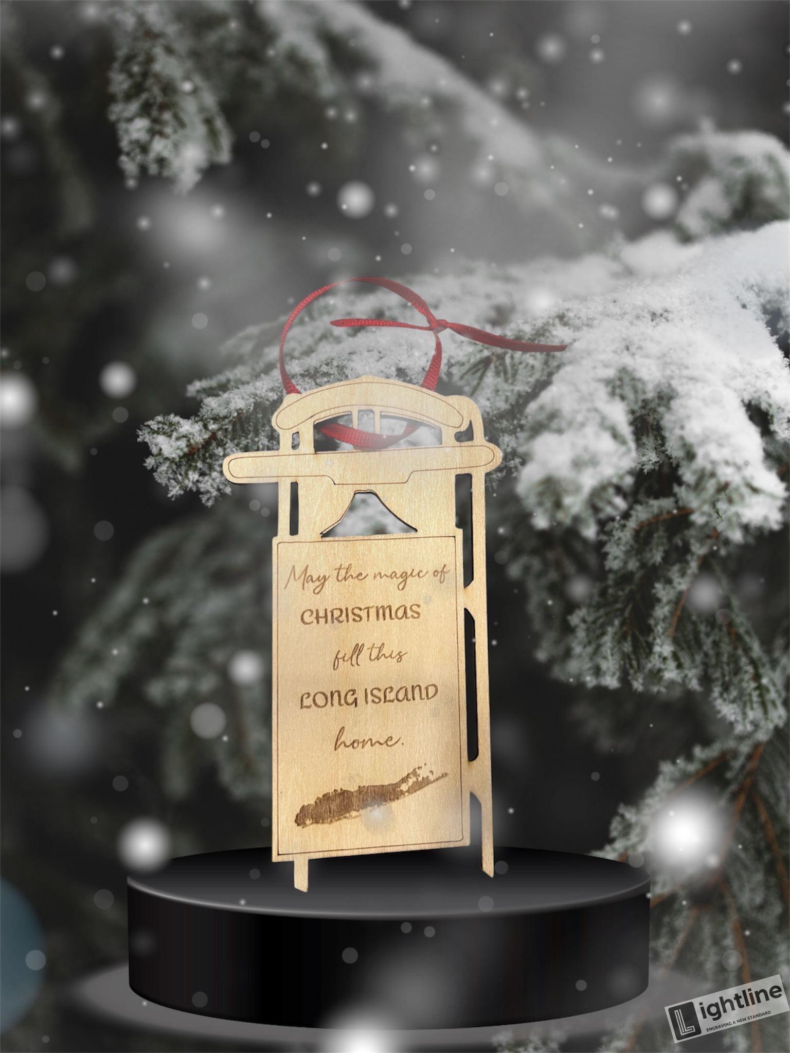 Long Island Christmas Ornament | Engraved Wooden Sled Keepsake