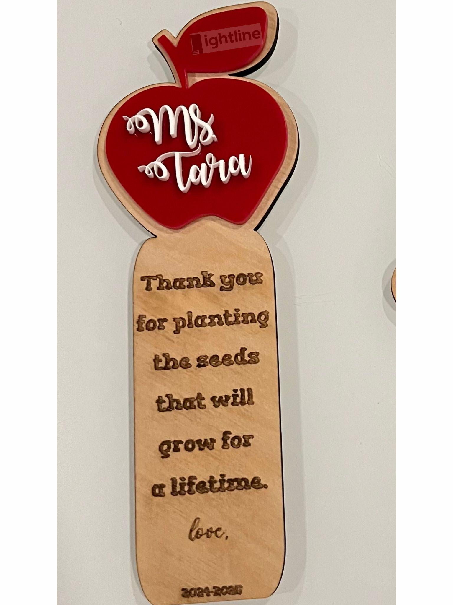 Personalized Teacher Bookmark: Engraved Wood Apple, Appreciation Gift