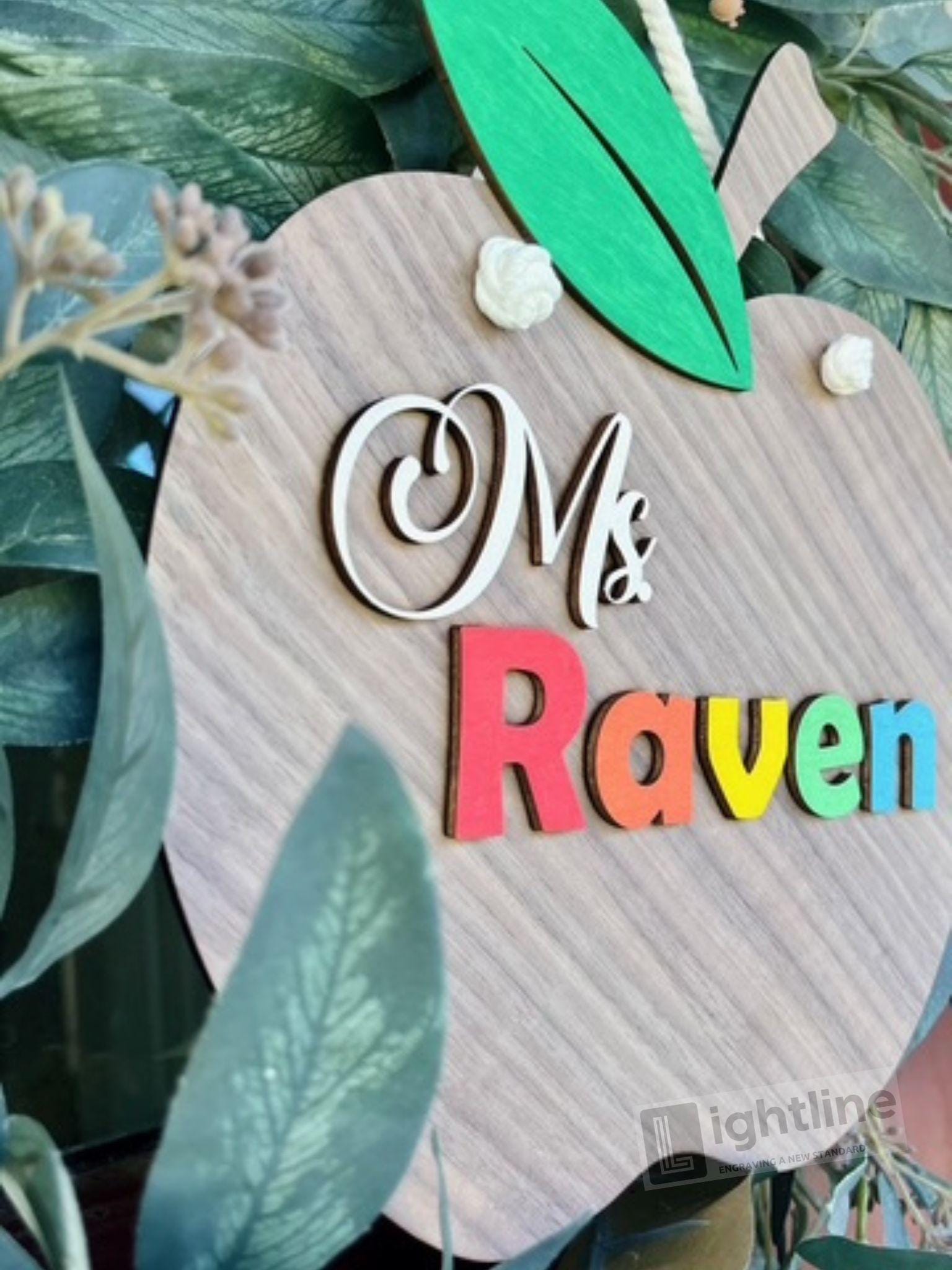 Personalized Teacher Apple Sign: Walnut Wood Rainbow Name Classroom Decor