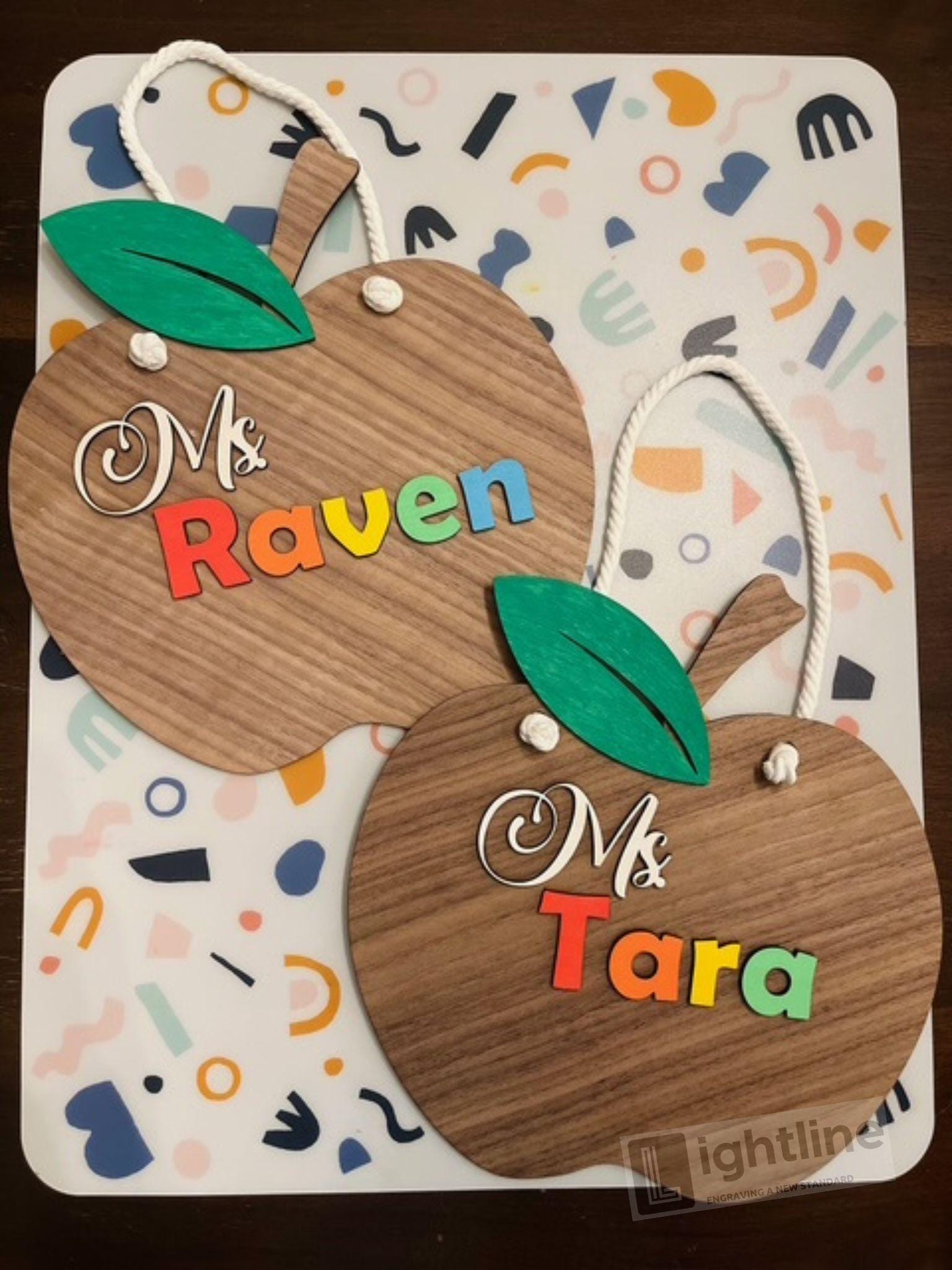 Personalized Teacher Apple Sign: Walnut Wood Rainbow Name Classroom Decor
