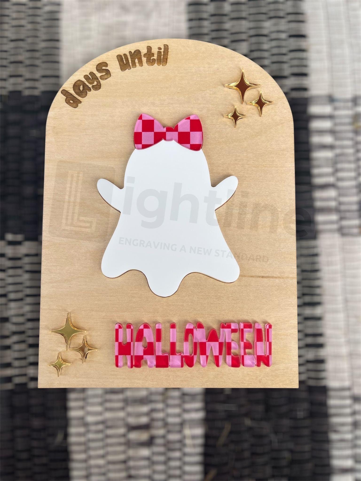 Halloween Ghost Countdown Sign: Checkered Wood Decor, Dry Erase