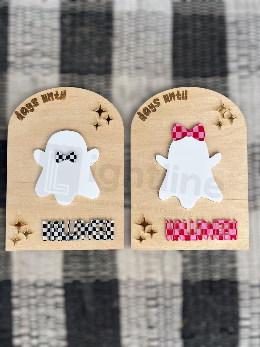 Halloween Ghost Countdown Sign: Checkered Wood Decor, Dry Erase