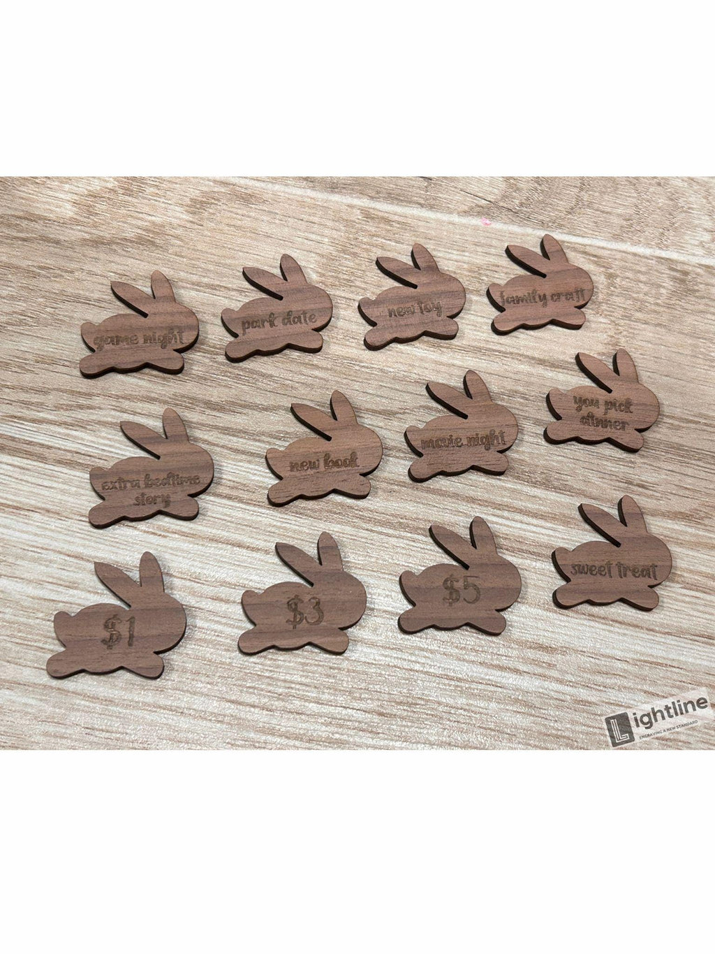 Wooden Bunny Easter Egg Hunt Tokens: Prize Rewards, Set of 12