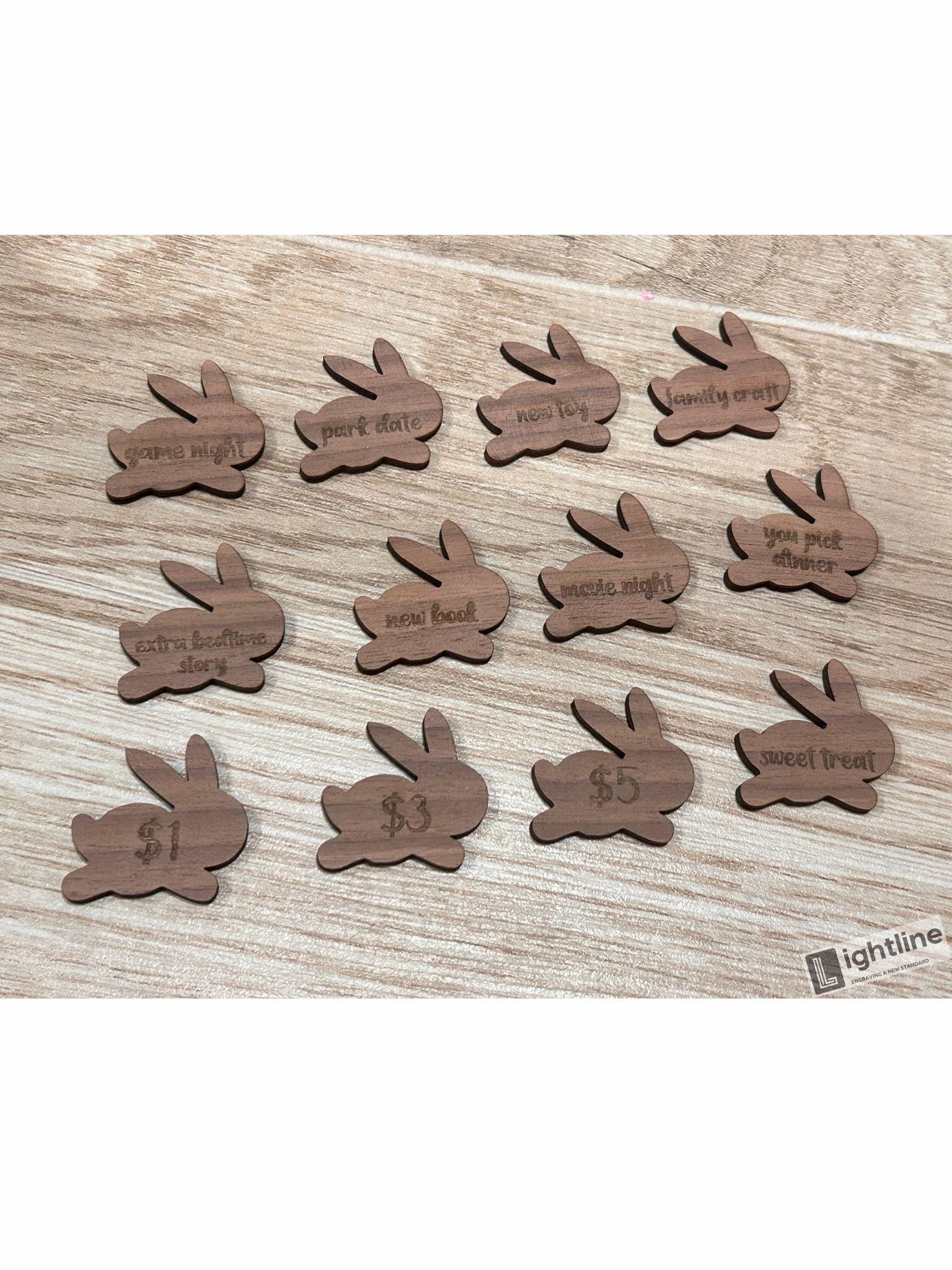 Wooden Bunny Easter Egg Hunt Tokens: Prize Rewards, Set of 12
