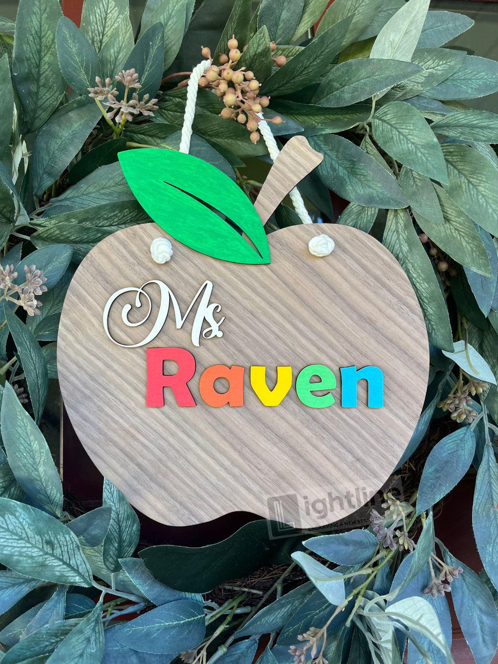 Personalized Teacher Apple Sign: Walnut Wood Rainbow Name Classroom Decor