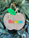 Personalized Teacher Apple Sign: Walnut Wood Rainbow Name Classroom Decor