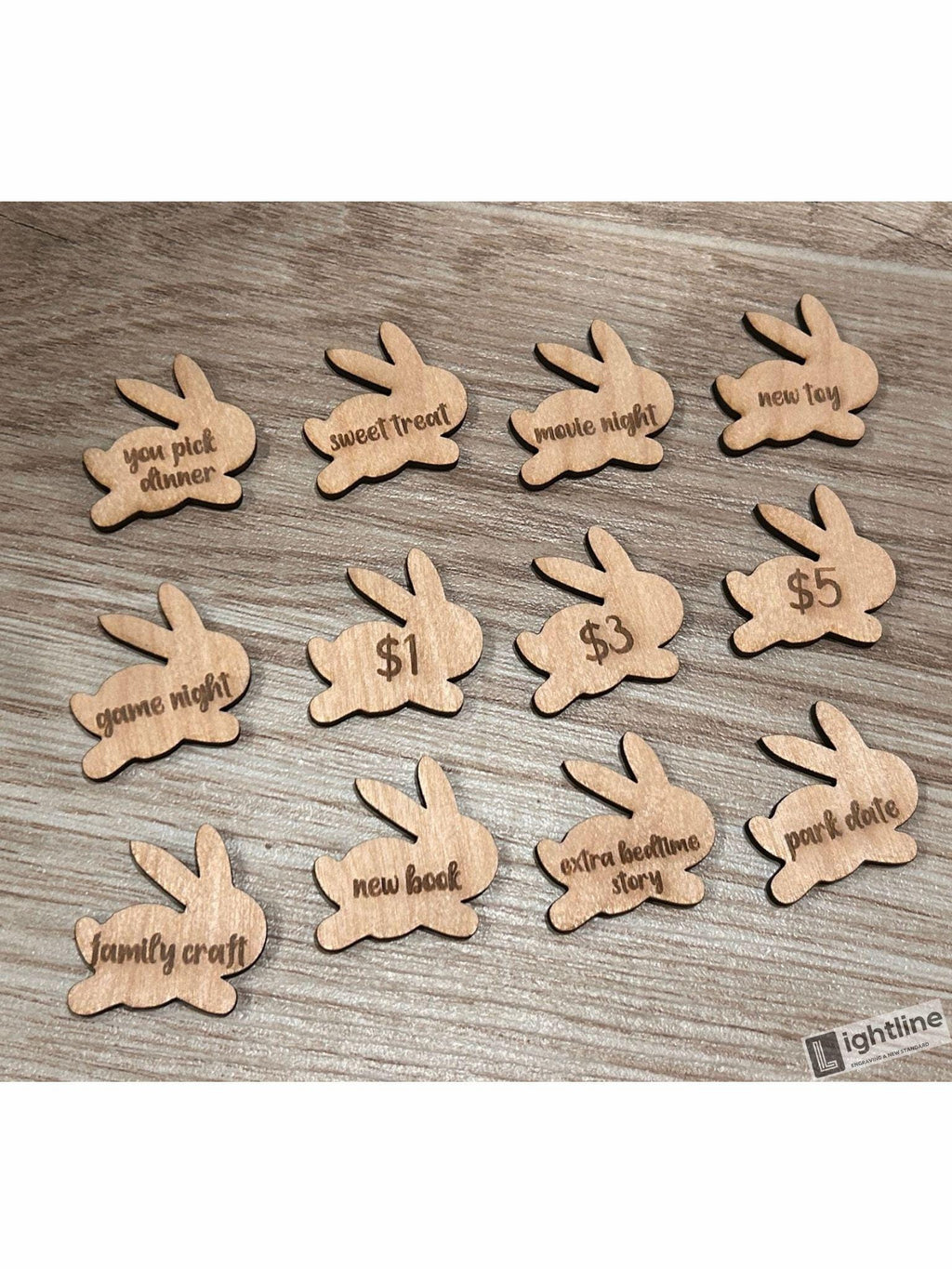 Wooden Bunny Easter Egg Hunt Tokens: Prize Rewards, Set of 12