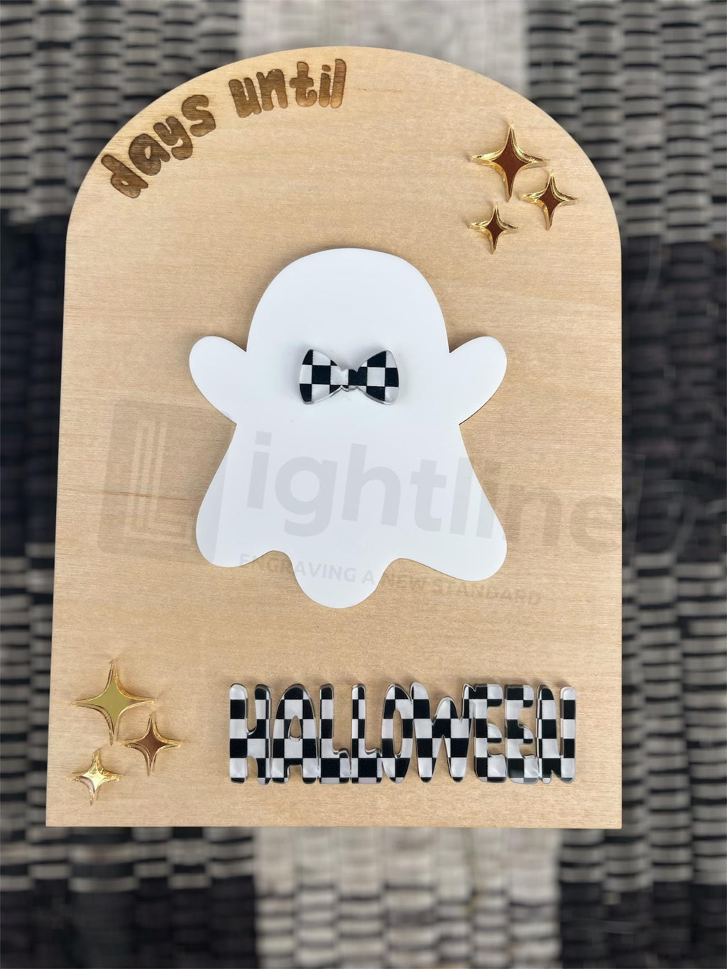 Halloween Ghost Countdown Sign: Checkered Wood Decor, Dry Erase