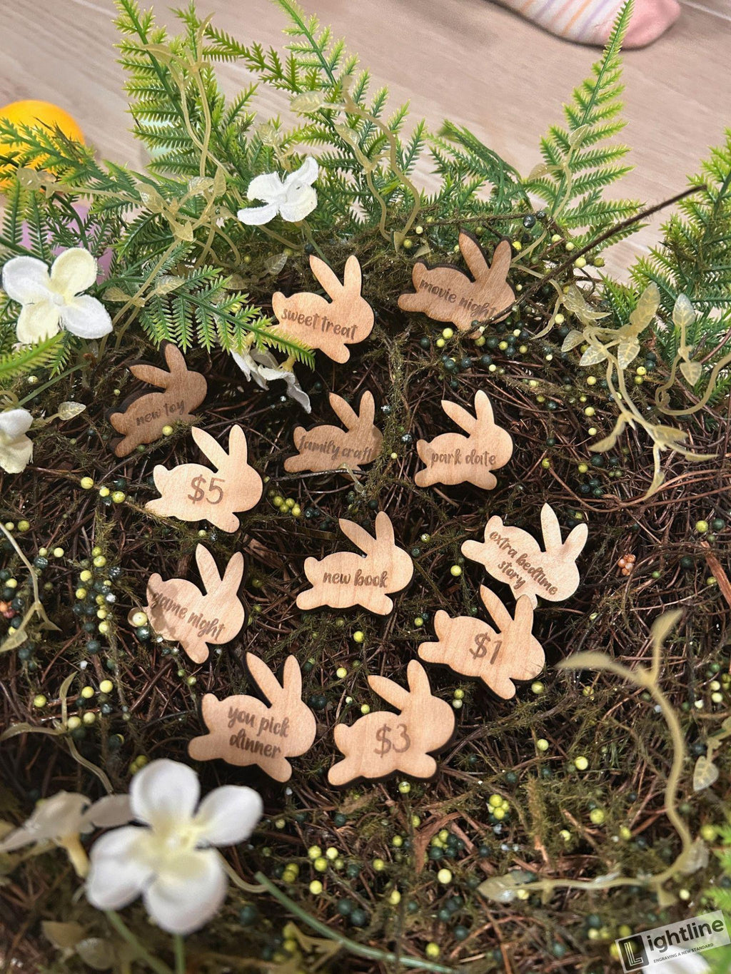 Wooden Bunny Easter Egg Hunt Tokens: Prize Rewards, Set of 12