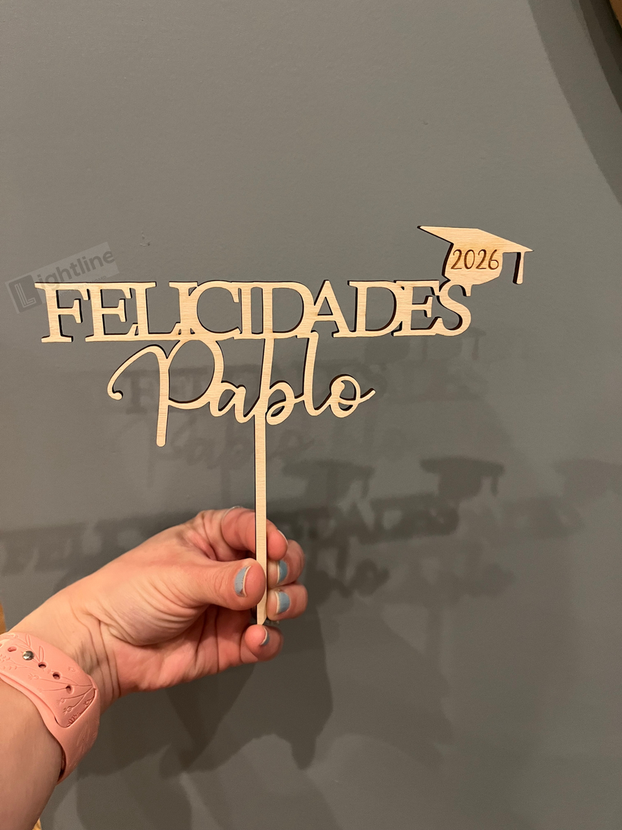 Personalized Graduation Cake Topper: Felicidades, Name & Cap - Wood or Acrylic