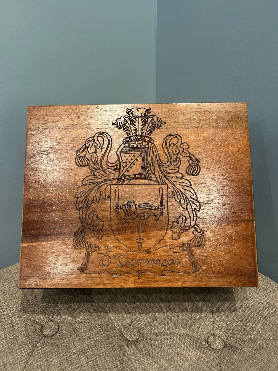 Engraved family crest plaque