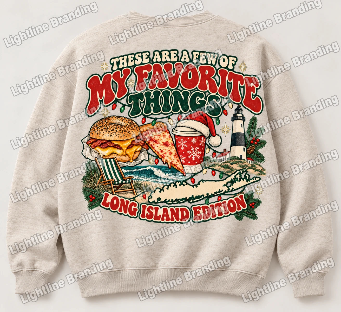 Oatmeal crewneck mockup featuring My Favorite Things Long Island Edition Christmas artwork.