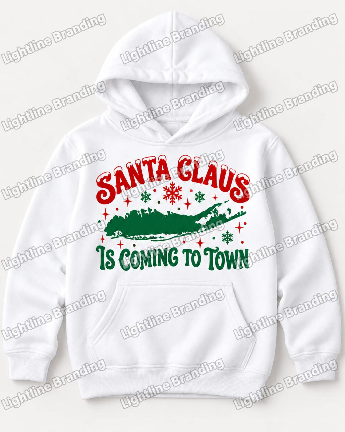 White youth hoodie mockup with Santa Claus Is Coming to Town Long Island artwork.