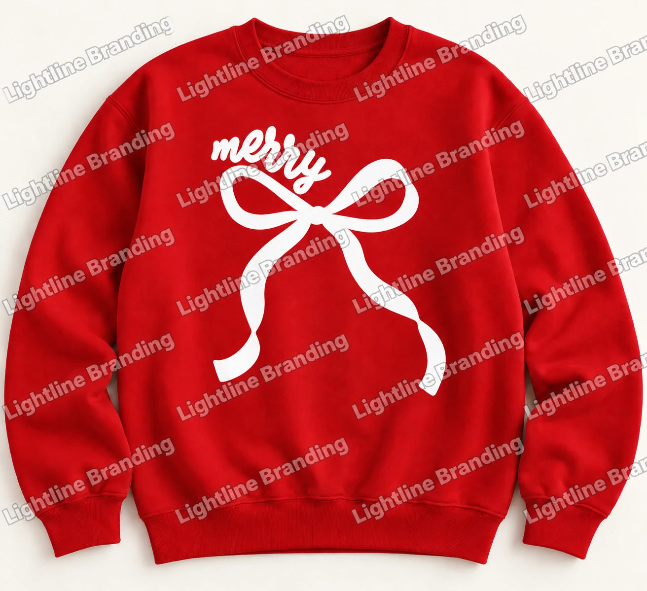 Red crewneck mockup with small merry lettering above a large centered white bow.